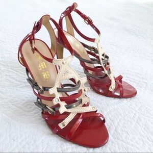 L.A.M.B. Gwen Steffani Red Cream Strappy Sandals